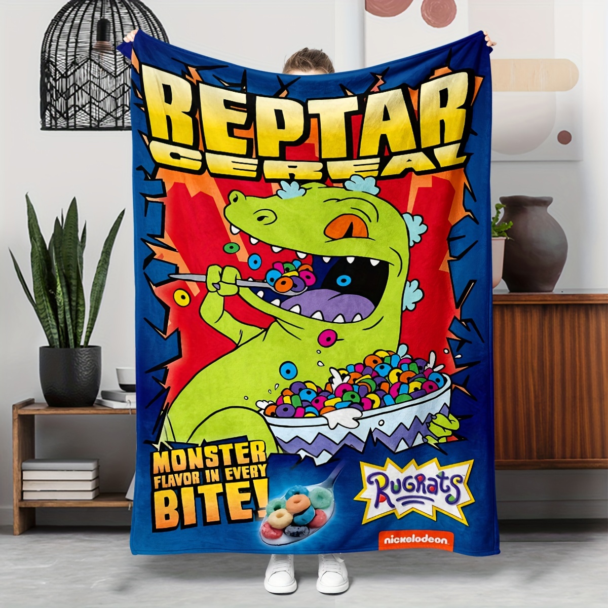 TEMU Reptar Dinosaur Throw Blanket - Style Hypoallergenic Flannel, Machine Washable, , Comfort, Tear-resistant Knit Fabric, Sofa, Bed, And Travel - 1pc