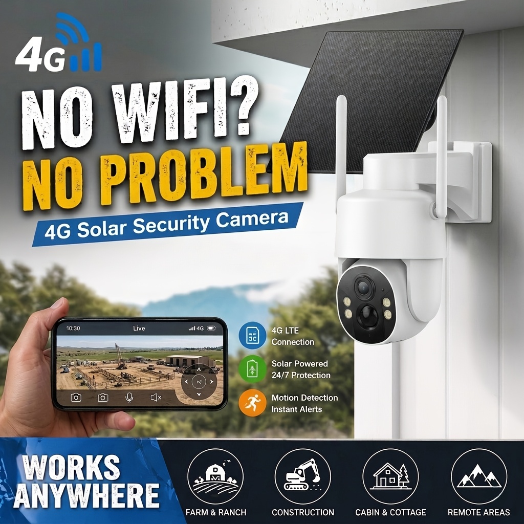 TEMU 4g Lte Solar Powered Security Camera Wireless Outdoor, 4mp 2k Color Night Vision, No Wifi Needed, Built-in Sim Card Compatible With At&t , 360°