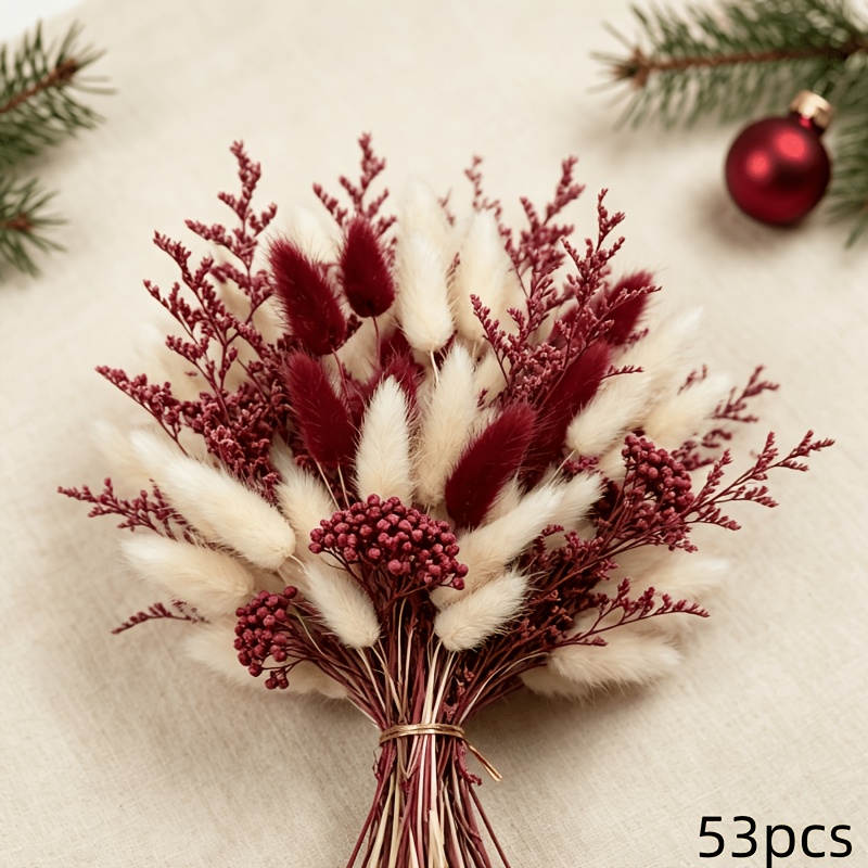Image of 53pcs Red And White Artificial Rabbit Tail Grass Bouquet, Living Room Desktop Floral Arrangement, Christmas Halloween Valentine's Day Thanksgiving Party Holiday Decor