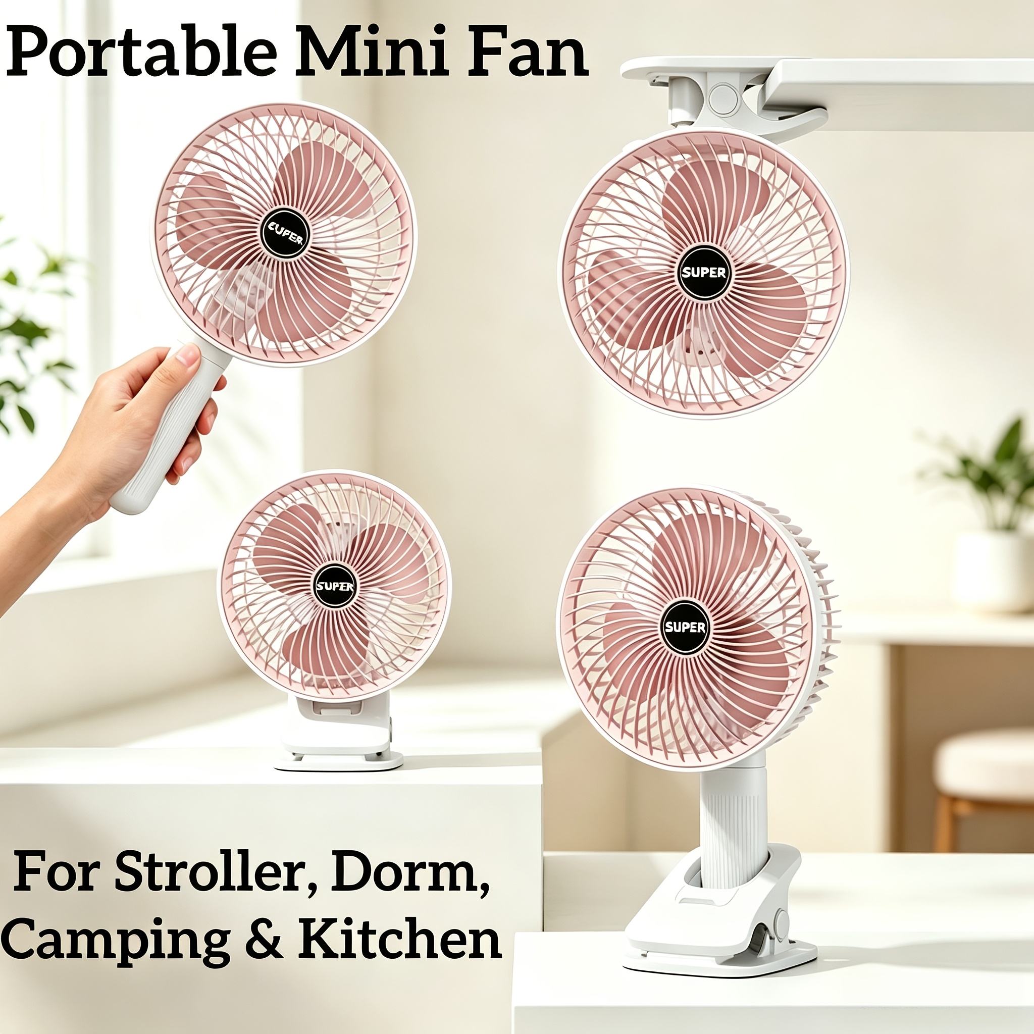 TEMU 3-in-1 Rechargeable Clip-on Mini Fan, 3-speed Adjustable Portable Usb Fan, Multi-angle Rotatable Silent Small Fan, Dual Use For Desktop And