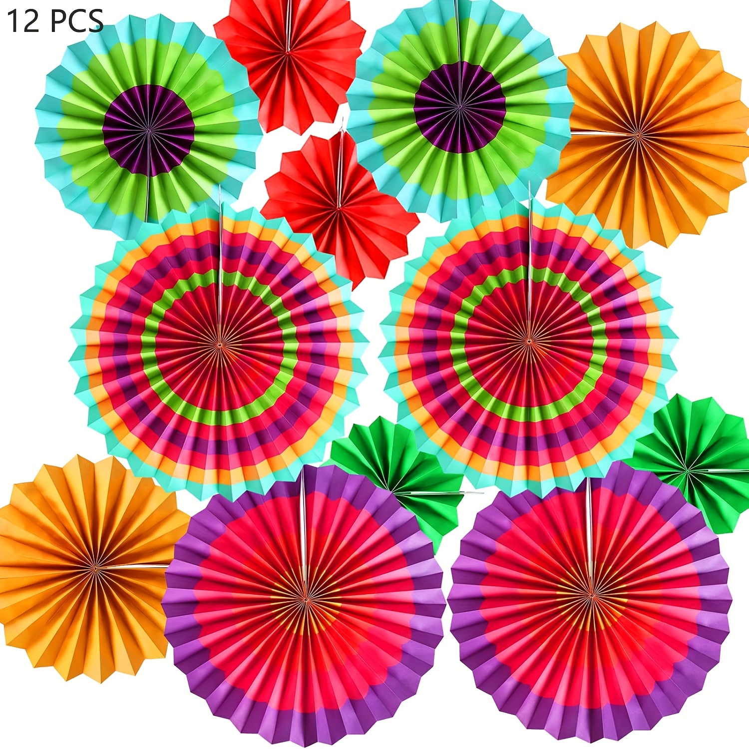 E-shop 12 Stück Bunte Hängende Papierfächer - Farbenfrohe Fiesta-Partydekorationen mit Mehrfarbigen Streifen & Wirbeln, Langlebige Papiere-Requisiten