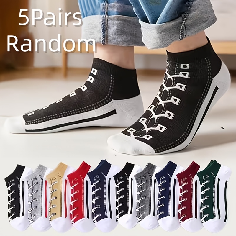 TEMU 5-pair (or Multi-pair) Random Fun Shoe-shaped Print Low-cut Ankle Socks Suitable For &, Unisex Shoe-themed Patterns, Casual Daily Wear, Themed