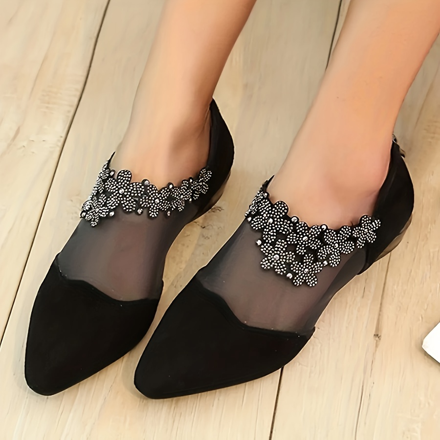 

Women's Rhinestone Flowers Low Heels, Mesh Stitching Pointed Toe Back Zipper Sandals, Fashion All-match Going Out Shoes