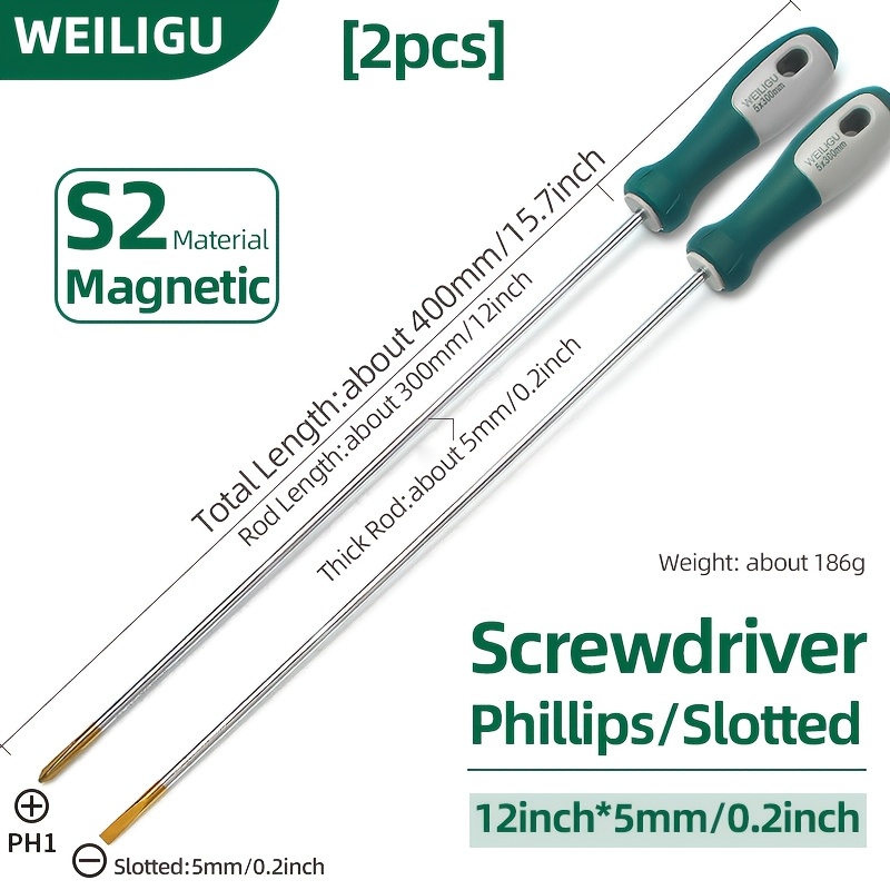 TEMU 2pcs Embout de tournevis cruciforme étendu de 12 pouces Ph1 - Tête plaquée à haute , ensemble de tournevis à tête fendue de 5 mm avec acier S2