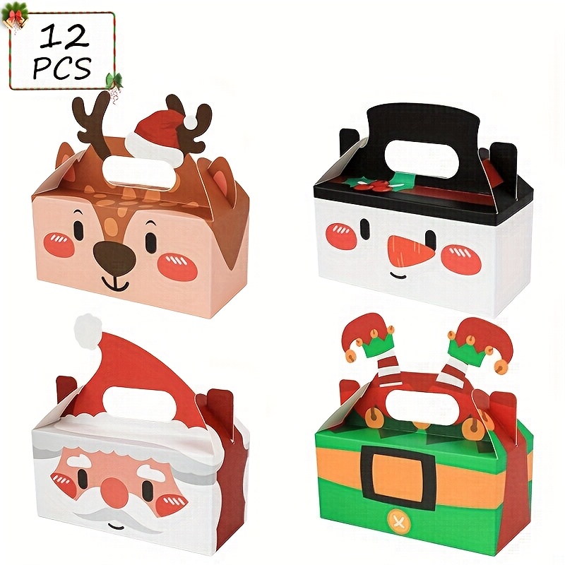 TEMU 12pcs Christmas Party Favor Boxes With Handles, Cute Cartoon Santa Reindeer Elf Snowman Paper Gift Boxes, Xmas Holiday Goody Treat Boxes For