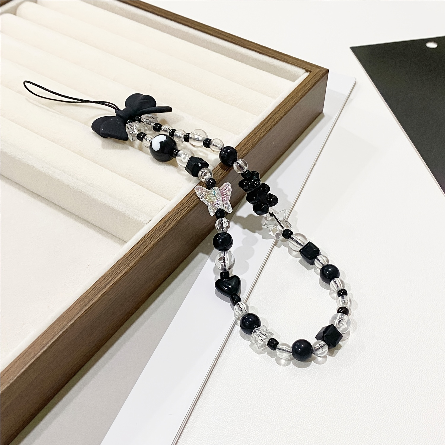 TEMU Handmade Y2k Beaded Phone Charm, Black And White Gothic Coquette Accessory, Star Heart Beaded Phone Strap, Gift, Chic Anti-drop Wrist Strap