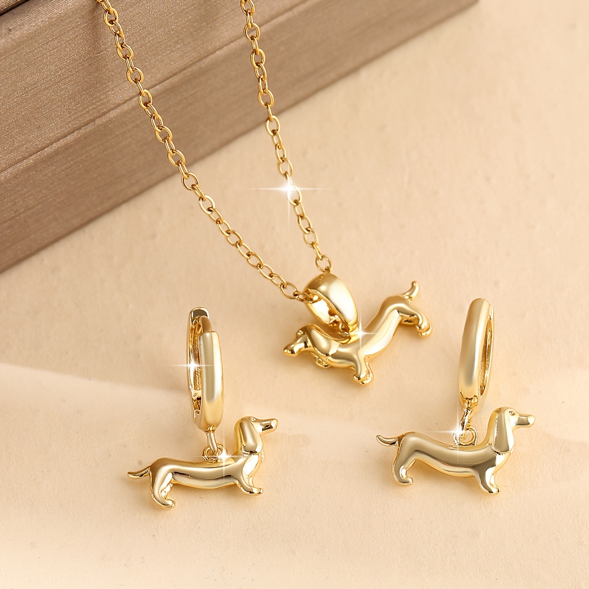 TEMU 3pcs Fashion Set Featuring Stylish Copper Dachshund Dog Pendant Earrings And Necklace, A Vintage And Cute Animal Jewelry Gift For Women On Dates