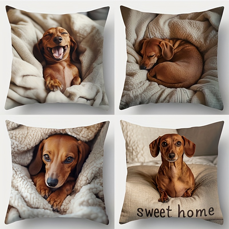 TEMU 4pcs Set, Printed Pillowcase, Dachshund Themed Pattern, The Dachshunds On The Pillows Are In Different Poses, Laughing Happily Or Sleeping ,