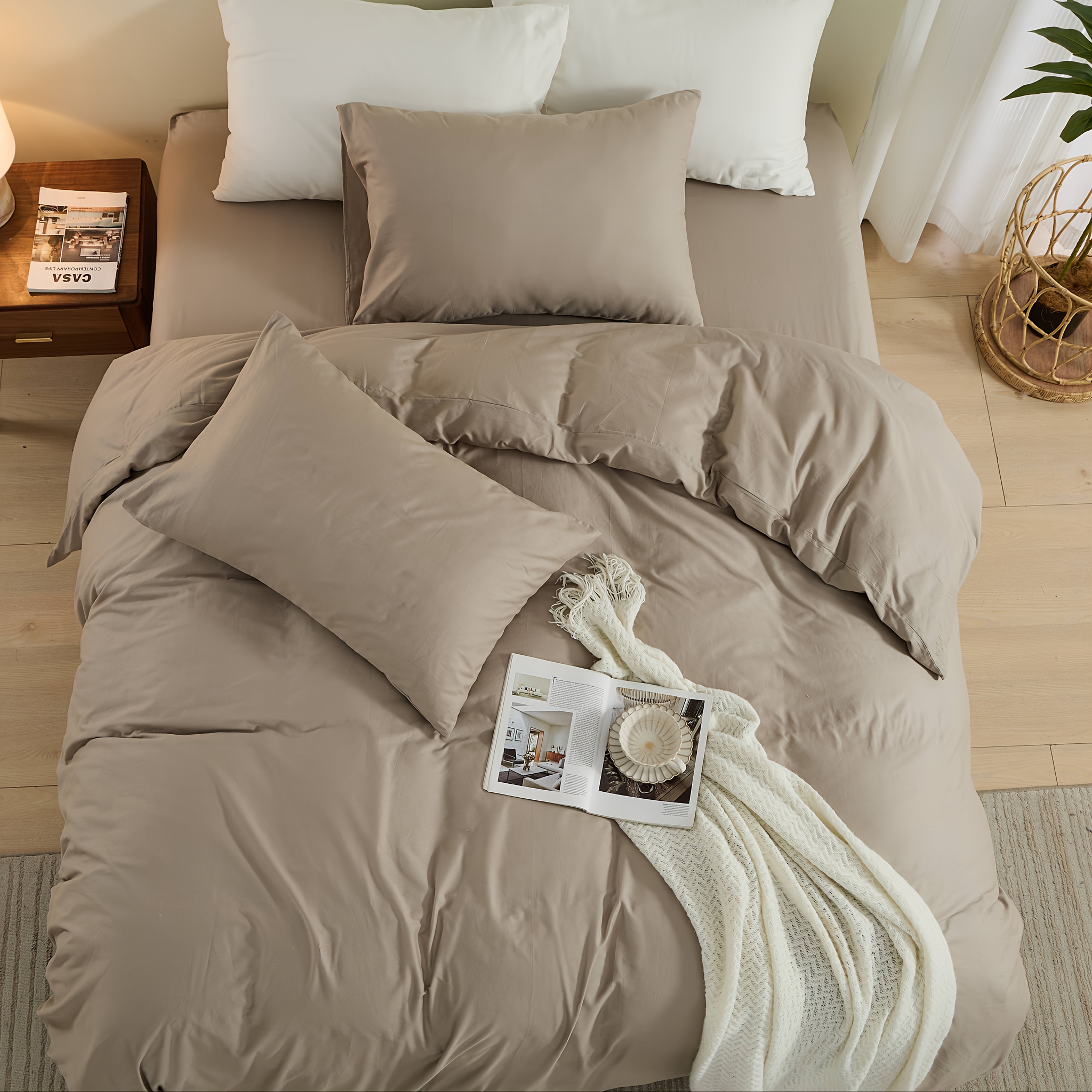 3pcs Solid Color Premium Cotton Bedding Set For Home Or Hotel Use, Includes 1 Duvet Cover And 2 Pillowcases, No Filling Included