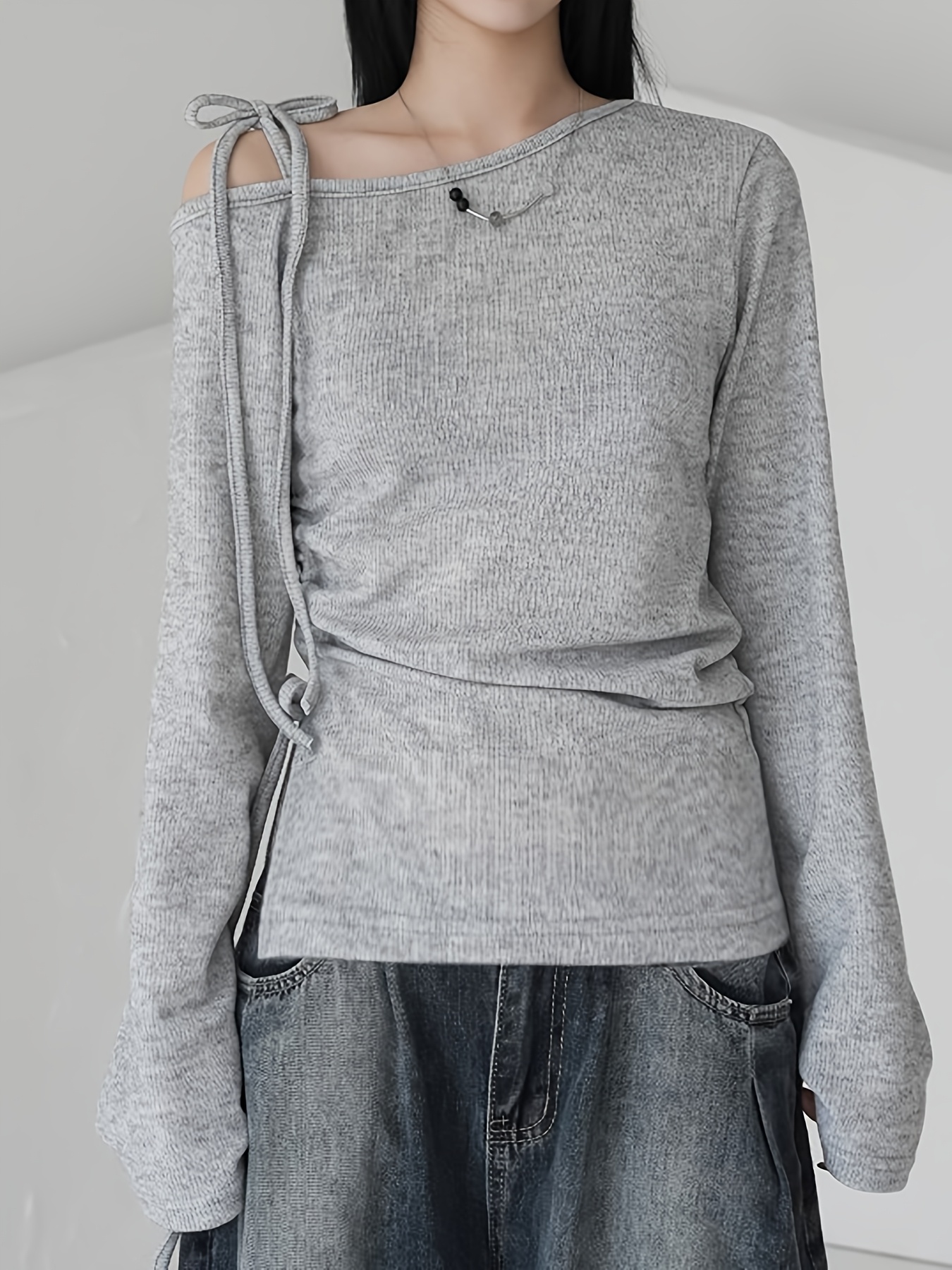 womens asymmetric one shoulder tie long sleeve t shirt side