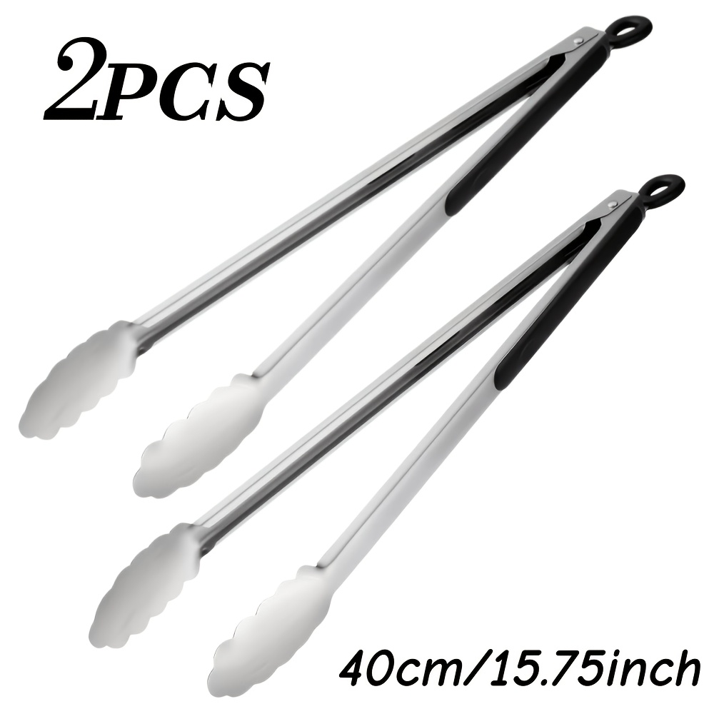 TEMU 2pcs Extra Long Heat Resistant Stainless Steel Kitchen Tongs - 15.75inch Heavy Duty Cooking Tongs For Grilling, Bbq, Buffet Service - Non-slip