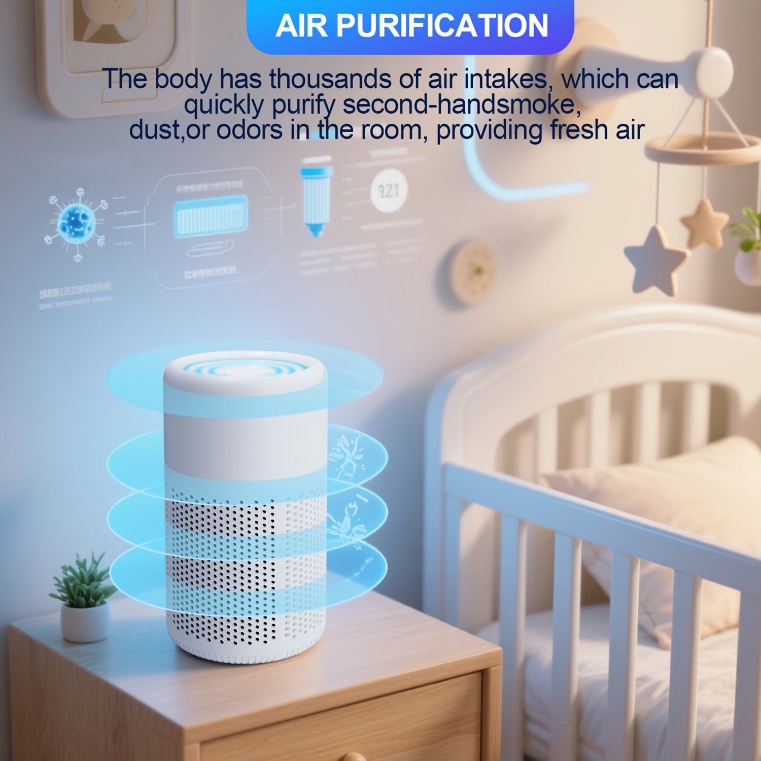 Air Purifier with HEPA Filter, Anti-Allergy, Negative Ions, and Quiet Operation for Desktop Use. Eliminates Pet Dander, Odors, Smoke, Pollen, Secondhand Formaldehyde, and PM2.5 Fine Particles. Features a Type-C Port and 3-Speed Wind Adjustment.