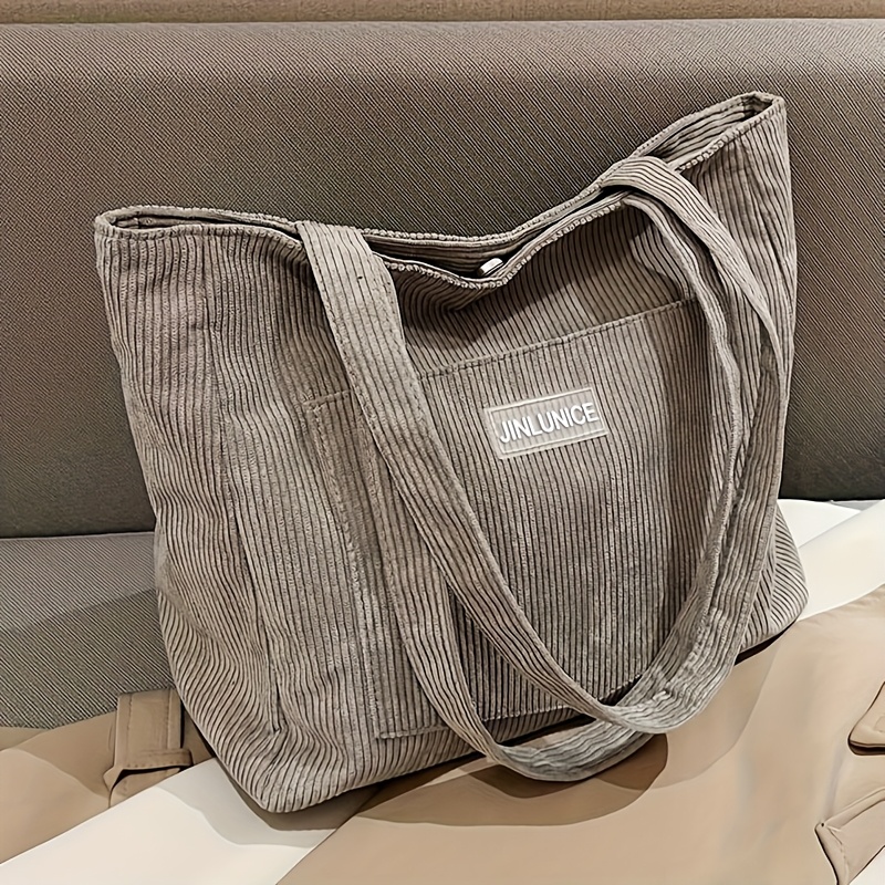 

Stylish Corduroy Tote Bag, Solid Color Shoulder Bag With Fixed Strap, Ideal For Work And Casual Use, Foldable, Polyester Lined, Commuting