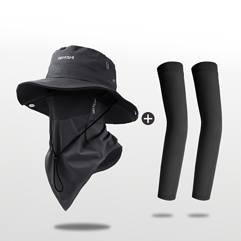 Image of /3pcs Wide Brimmed Sun Hat, Men's Outdoor Hat, Soft And Breathable, Three-piece Set, Face Mask, Ice Sleeve Cover, Suitable For Outdoor Travel And Outdoor Work, Without Battery