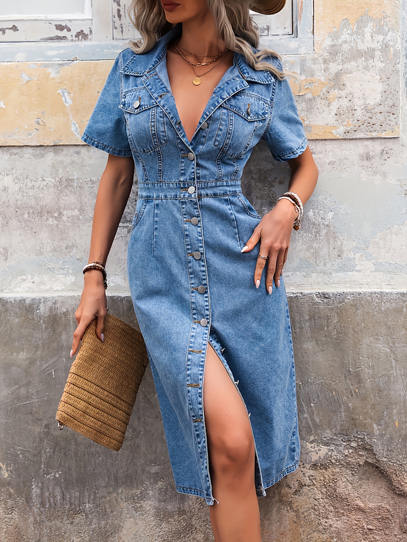Women'S Casual Short Sleeve Mid-Length Denim Dress, Temperament