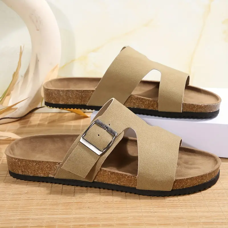 womens casual slip on flat sandals soft cover fabric with adjustable ankle strap lightweight breathable summer shoes black with golden accents comfortable for casual attire open toe design durable tpr sole Product details 2