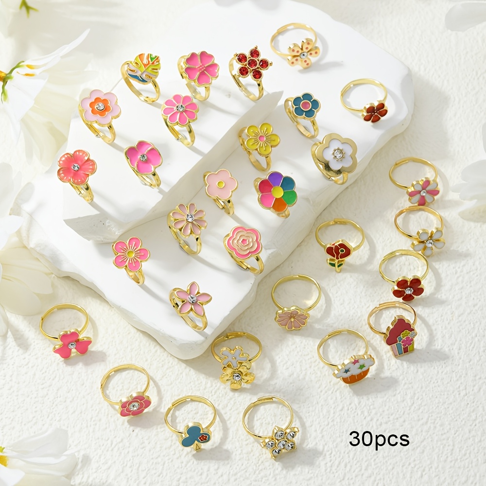 TEMU 30pcs Multi-style And Multi-shape Mix-and-match Adjustable Set For, Alloy Rings With Enamel Drip Glaze Finish, Long-, Affordable Small Jewelry