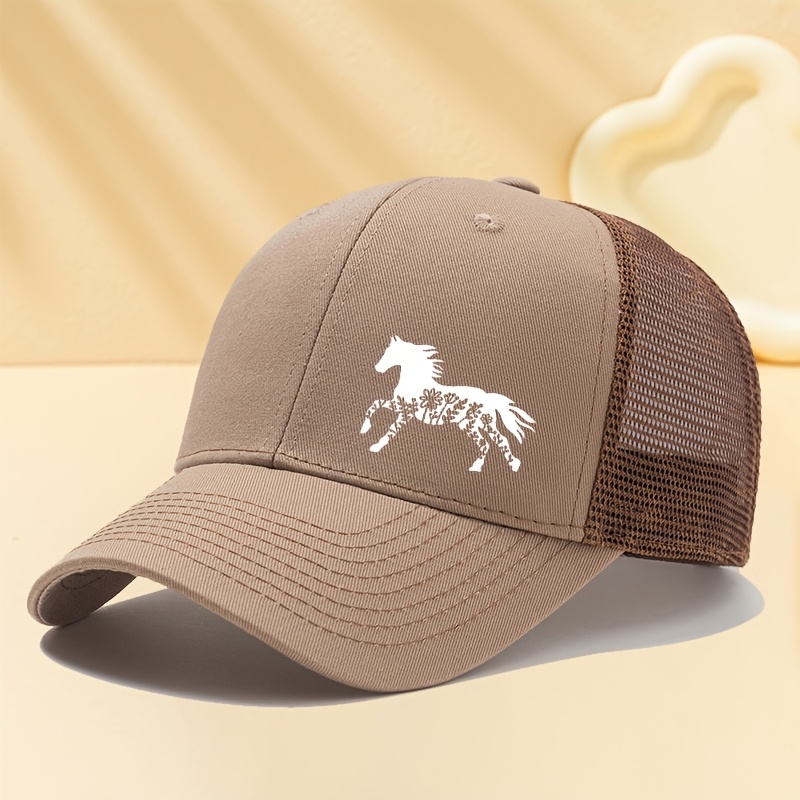 TEMU Floral Horse Print Mesh Baseball Cap, Adjustable Size Unisex Duck Tongue Hat, Suitable For Outdoor Vacation Travel Camping Leisure Occasions,