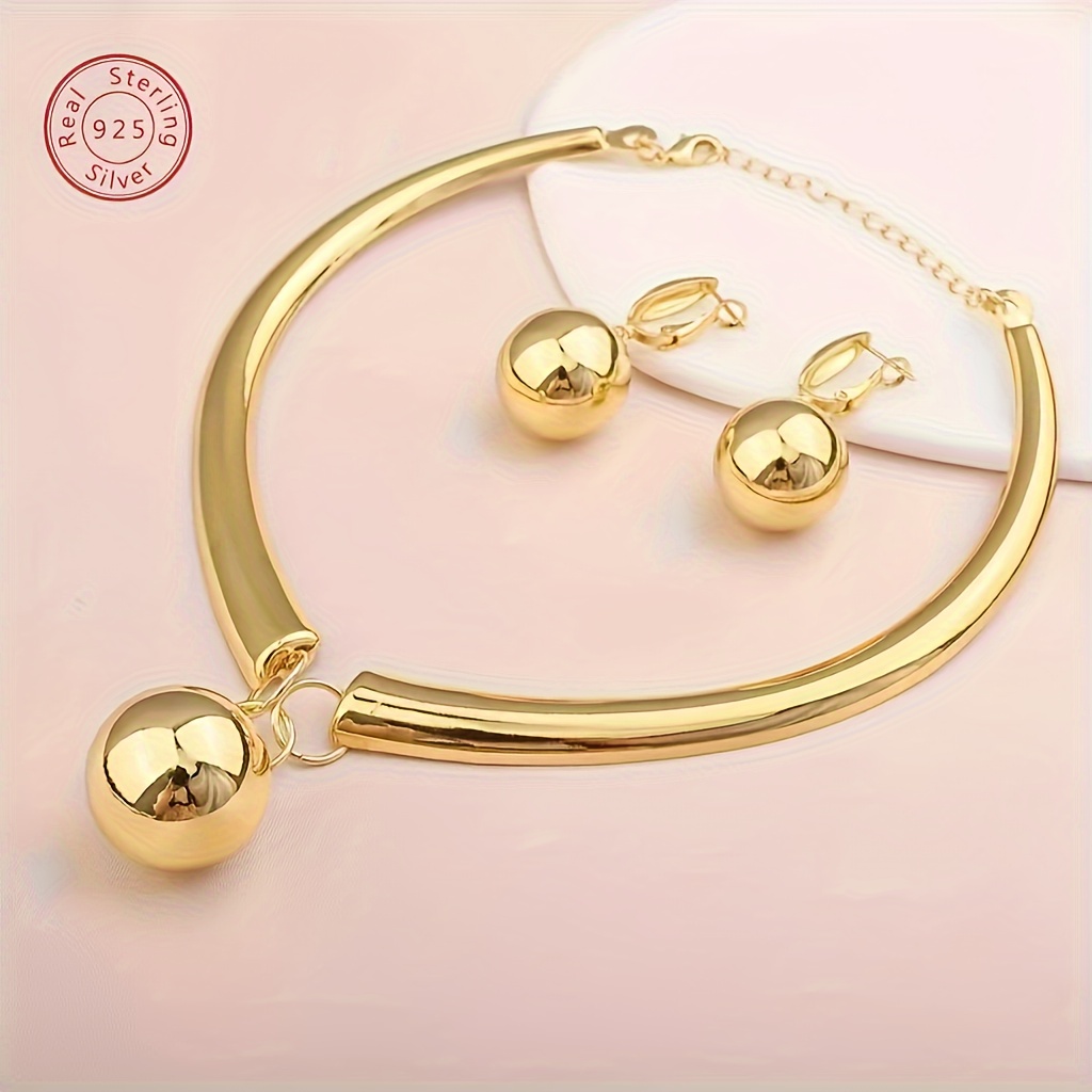 

1 Bohemian Style Jewelry Set: 18k Gold-plated Earrings And Necklace - Creative Spherical Design, Suitable For , Attending Banquets And Other , Away Gift Boxes