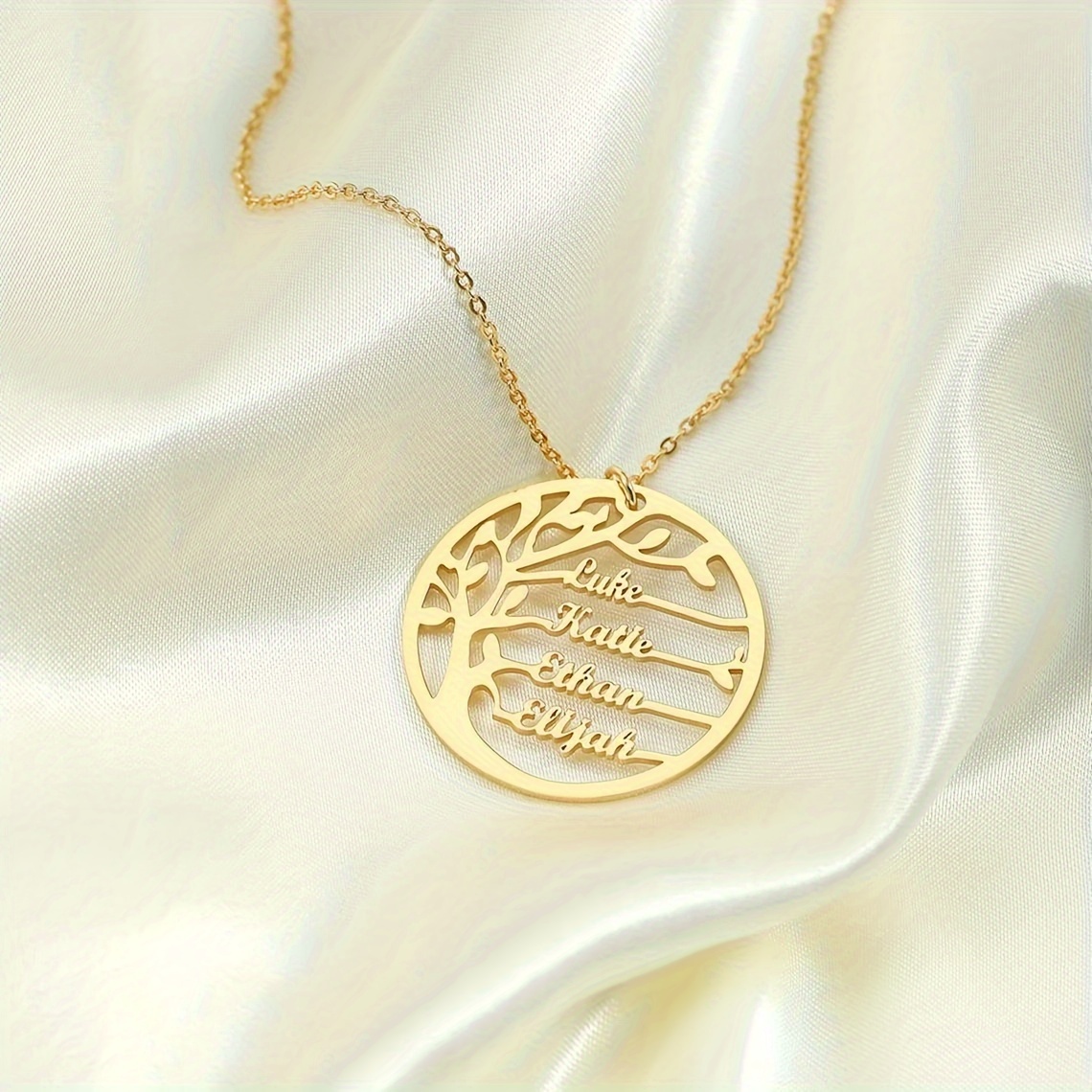 TEMU Personalized Family Name Necklace - Custom Life Tree Stainless Steel Multi-name Circular Pendant, Elegant & Cute Women's Jewelry Gift For