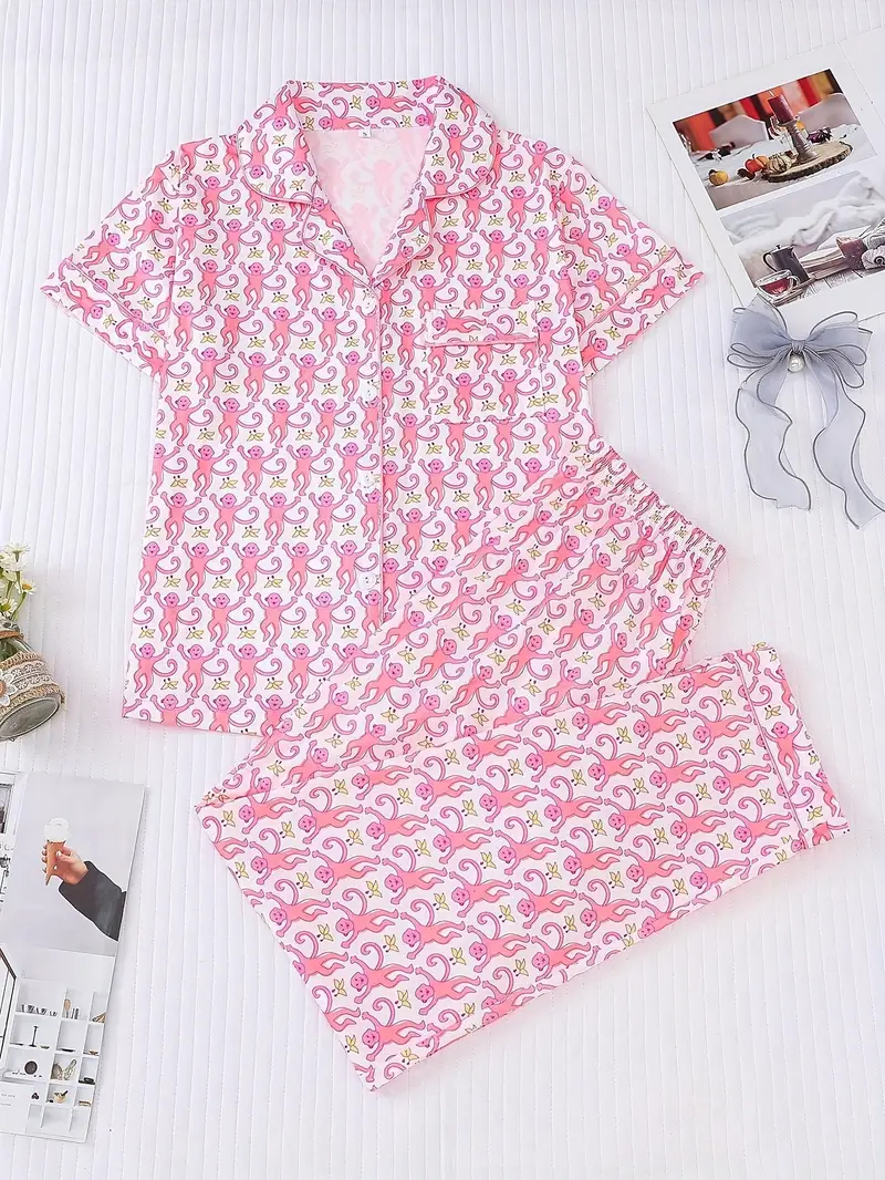 three sets of womens pajamas set womens pajamas set combination knitted fabric short sleeved button top and matching pants full body print collar and pocket details suitable for adult pajamas set Product details 1