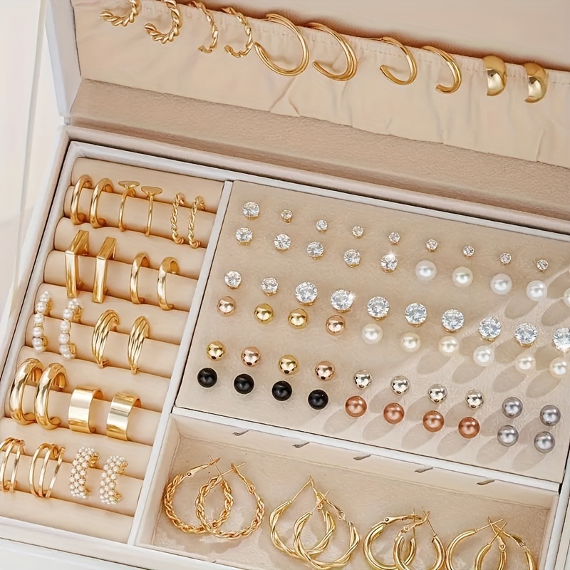 

108pcs Elegant & Simple Earring Set For Women - Pearls, Sparkling Rhinestones & Geometric Metal Hoops - Stainless Steel Posts, , Parties & Dates - Included