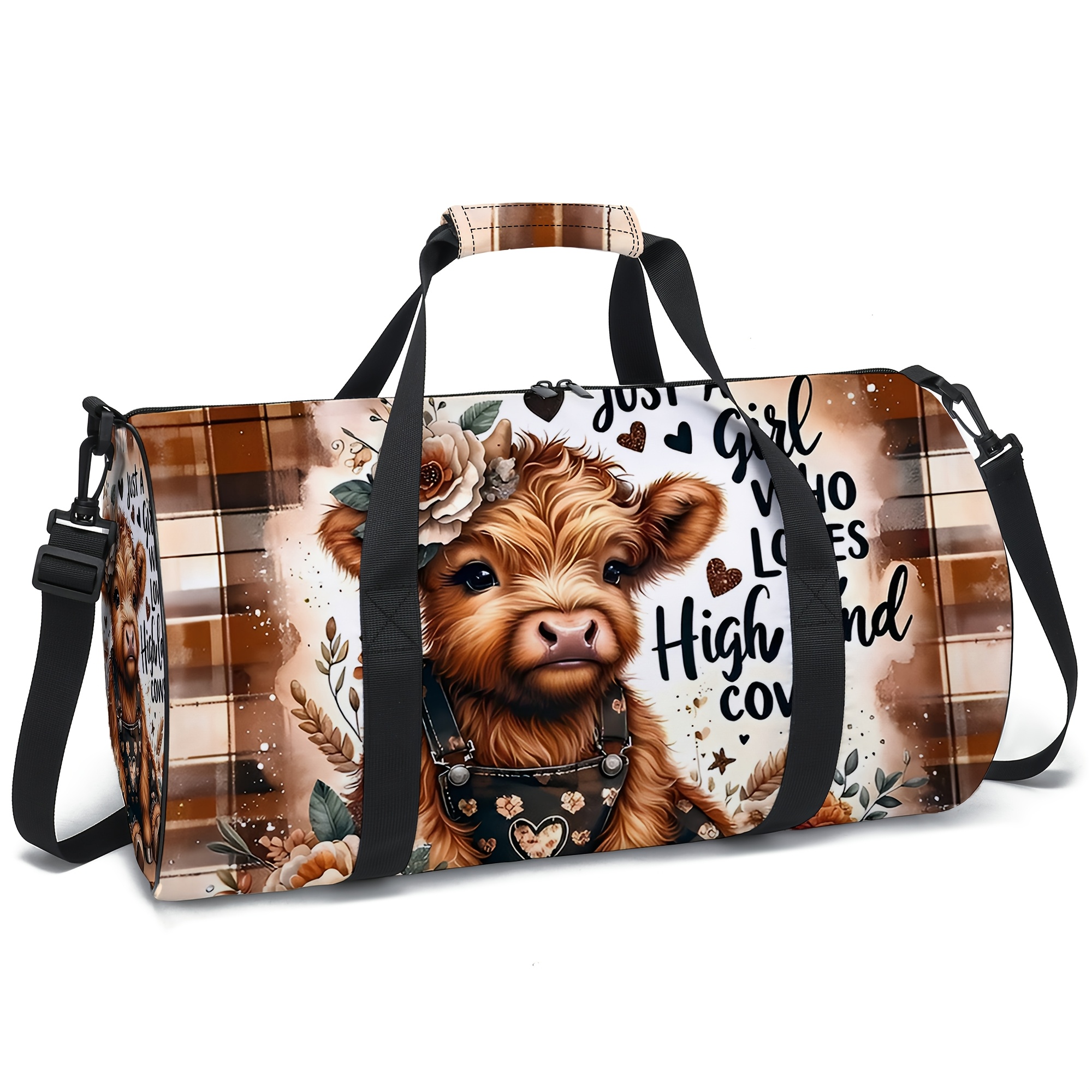 TEMU Highland Cow Pattern Travel Bag Smooth Polyester Fabric Clothing Storage Bag Ideal For Back-to-school, Camping, And Travel