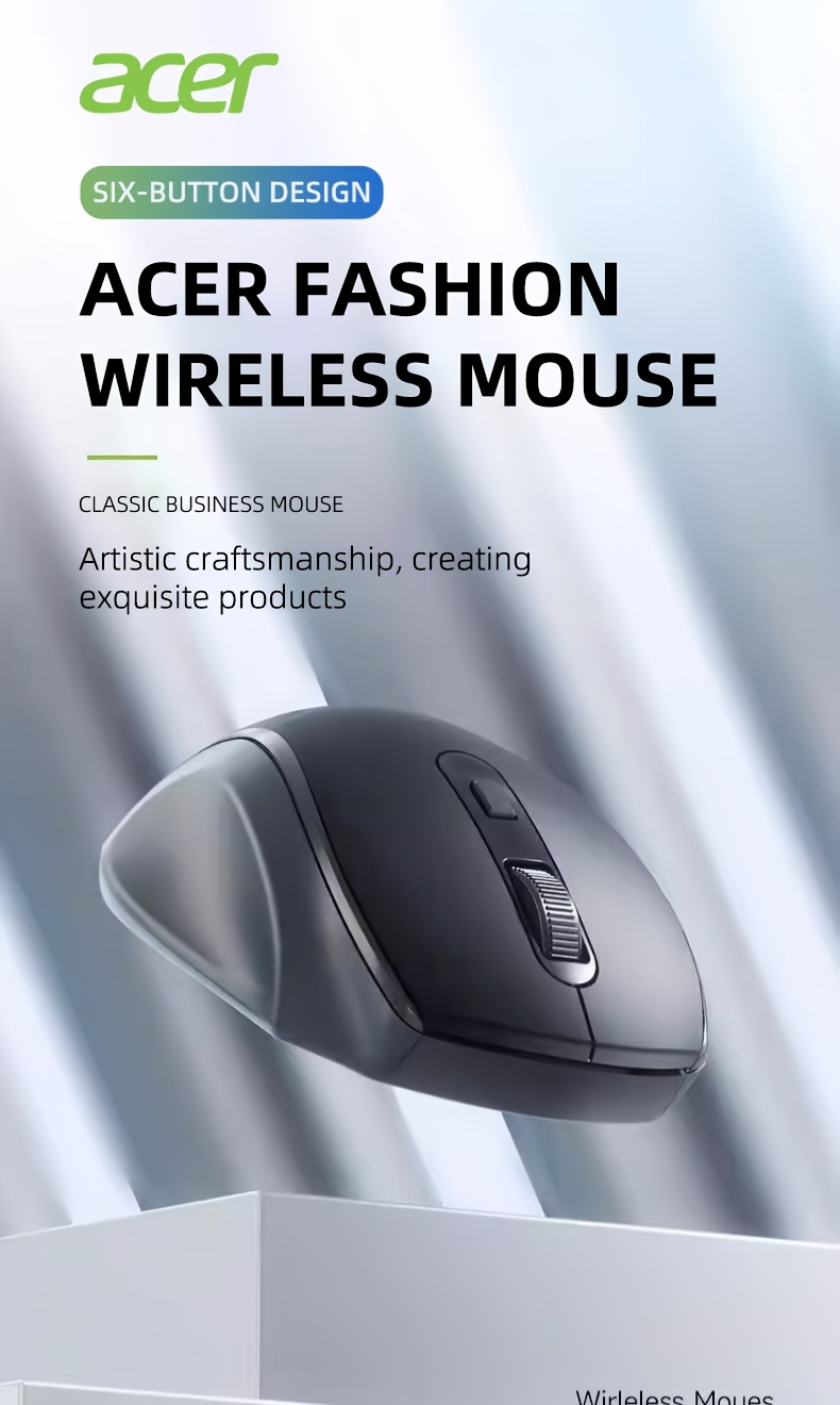 El ratón gaming inalámbrico Acer de 6 botones, con diseño ergonómico y ajuste de DPI multimplegado, es fácil y práctico, lo que lo hace ideal para el trabajo diario de oficina y la entretenimiento.