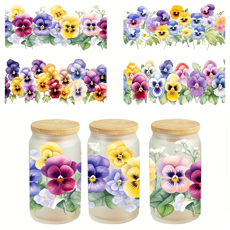 TEMU 4pcs Vibrant Pansy Uv Dtf Stickers, 4.33x9.45" , Scratch-resistant Decals For Glassware, Mugs, Crafts & Furniture - High-quality Diy Art With