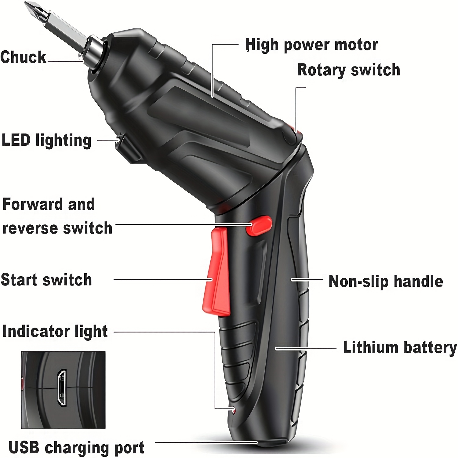 12V Li-ion Industrial Electric Screwdriver Kit, 48 In 1 Cordless Rechargeable Power Drill With 0-250RPM & Adjustable Torque, Precision Rotatable Tool For Machinery/Metal Repair (Black)