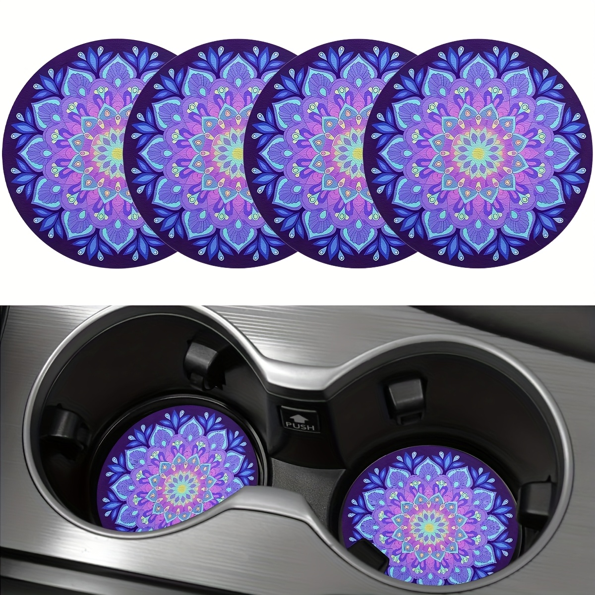 TEMU 4pcs Blue Mandala Flower Pattern Car Coaster, 2.755-inch Round Pu Leather Decorative Car Coaster, Home And Car Water Cup Mat, Mandala Flower Drinking Coaster As A Gift For