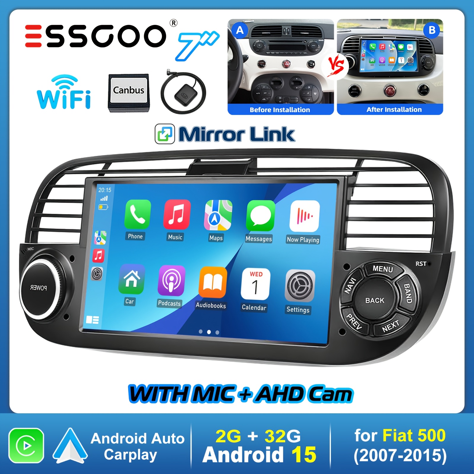 Essgoo -one Radio 15 2+32g For Fiat 500 2007-2015 Car Stereo 7 Inch Touch Screen With , Auto, Gps/ Wifi/fm/ Rds/ Usb/ Eq/ Swc/ , With Microphone & Ahd Reverse Camera, Plug-and-play Installation