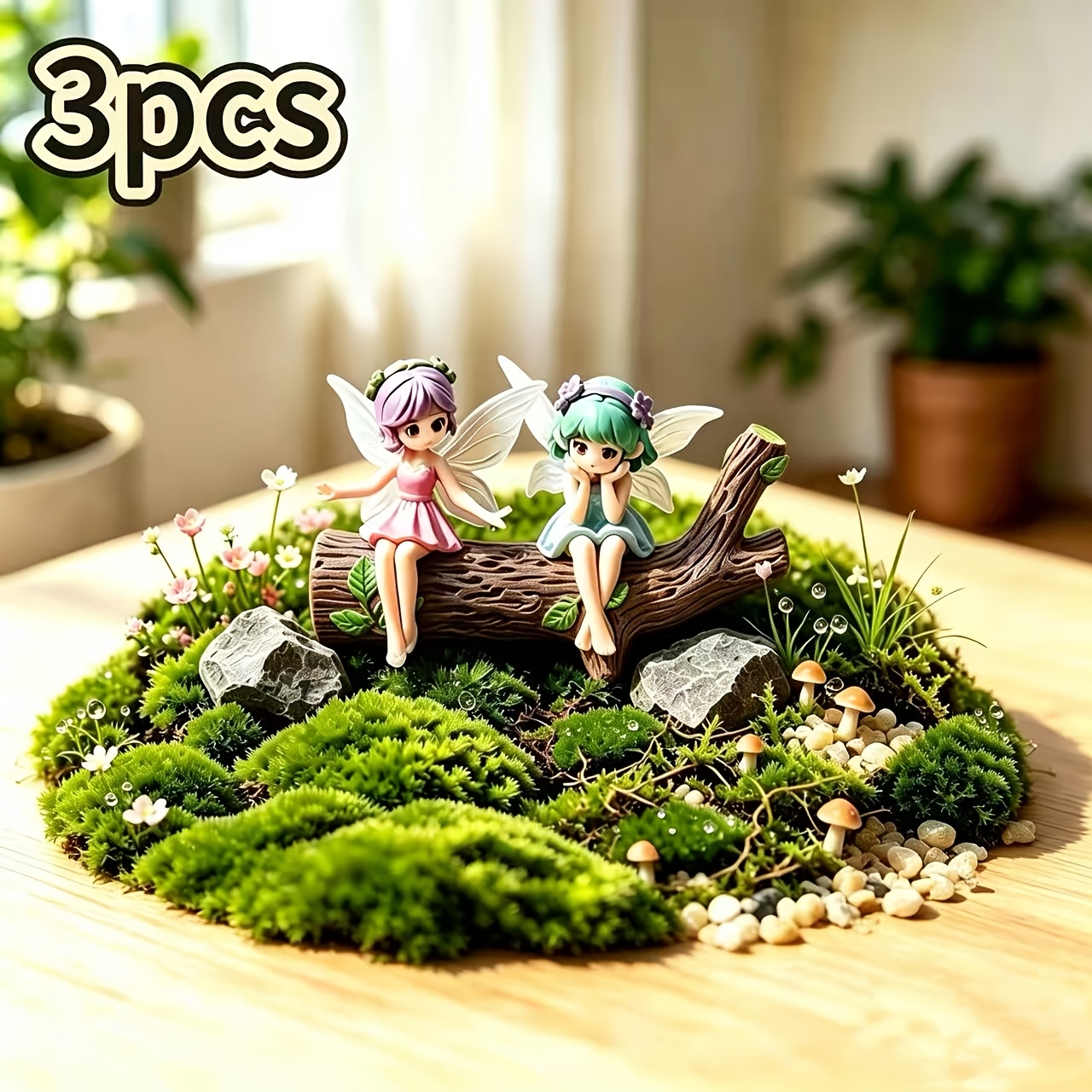 TEMU 3pcs Set (2pcs Flower Fairies And 1pc Branch). Elf Girl Lotus Pot Resin Ornament, Sitting Micro Landscape Decoration, Garden Balcony Flower Pot