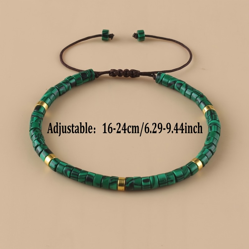Bohemian Malachite Bead Bracelet 2x4 Green & Golden Adjustable Cord