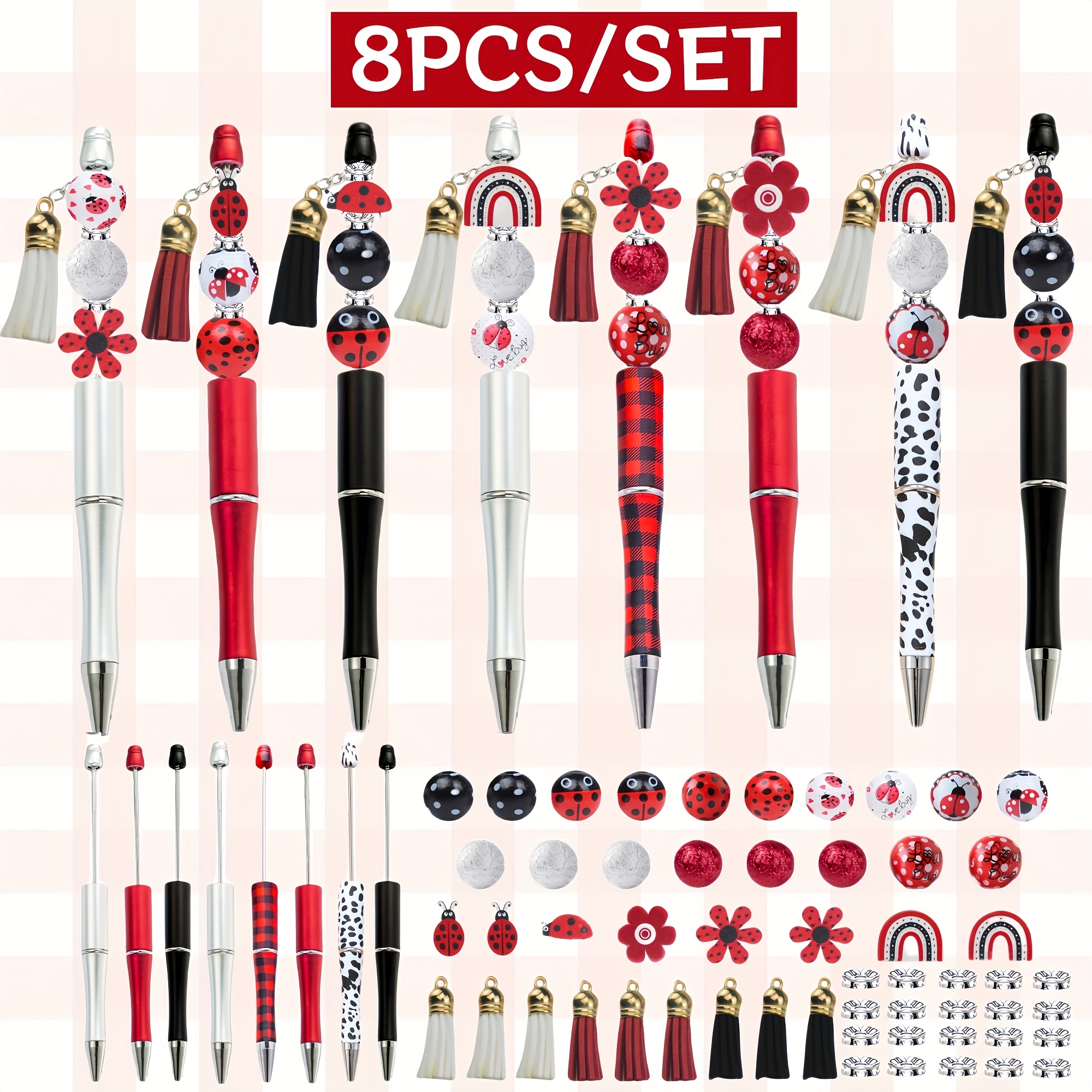 TEMU 8pcs And Summer Red Ladybug And Flower Animal Theme Diy Bead Ballpoint Pen And Wooden Tassel Pendant Set, Suitable For Diy Office And School