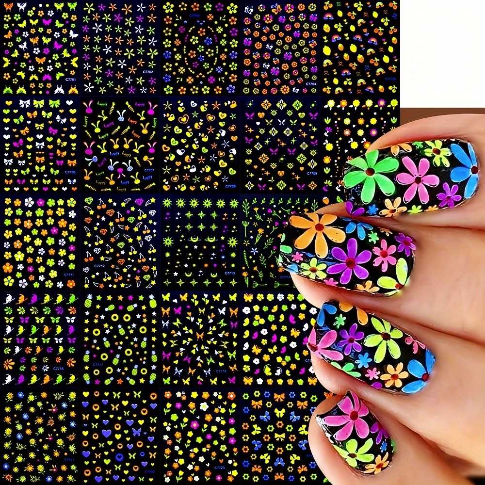 

24-piece Glow-in-the-dark Nail Art Stickers Set - Self-adhesive 3d Butterfly, Flower & Fruit Decals For Vibrant Manicures