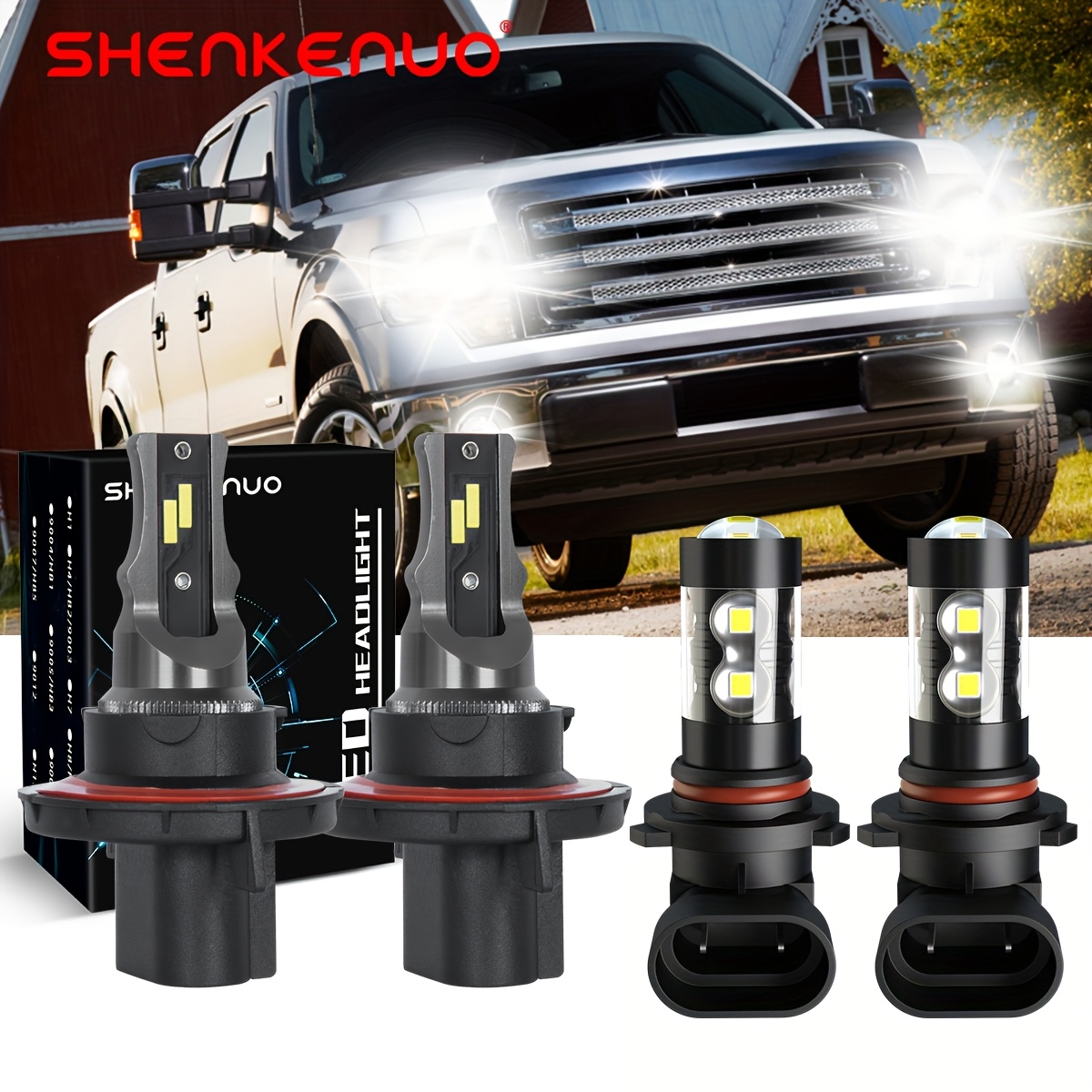 TEMU For 2004-2014 For Ford F150 H13+9145 Led Headlight Fog Light Bulbs Combo, 4pcs 6000k Super Plug And Play