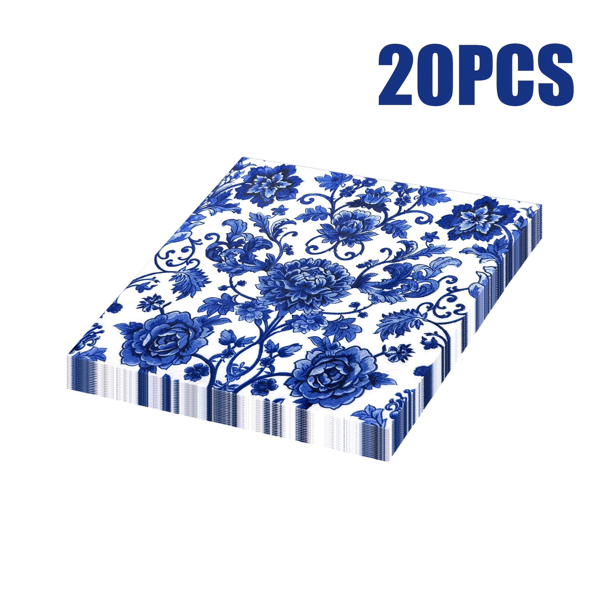 TEMU 20pcs 2-layer Disposable Blue And White Floral Napkin Set | Retro Floral Theme, Wedding, Birthday, Table Decoration Napkin 9.05 X 12.79 Inches