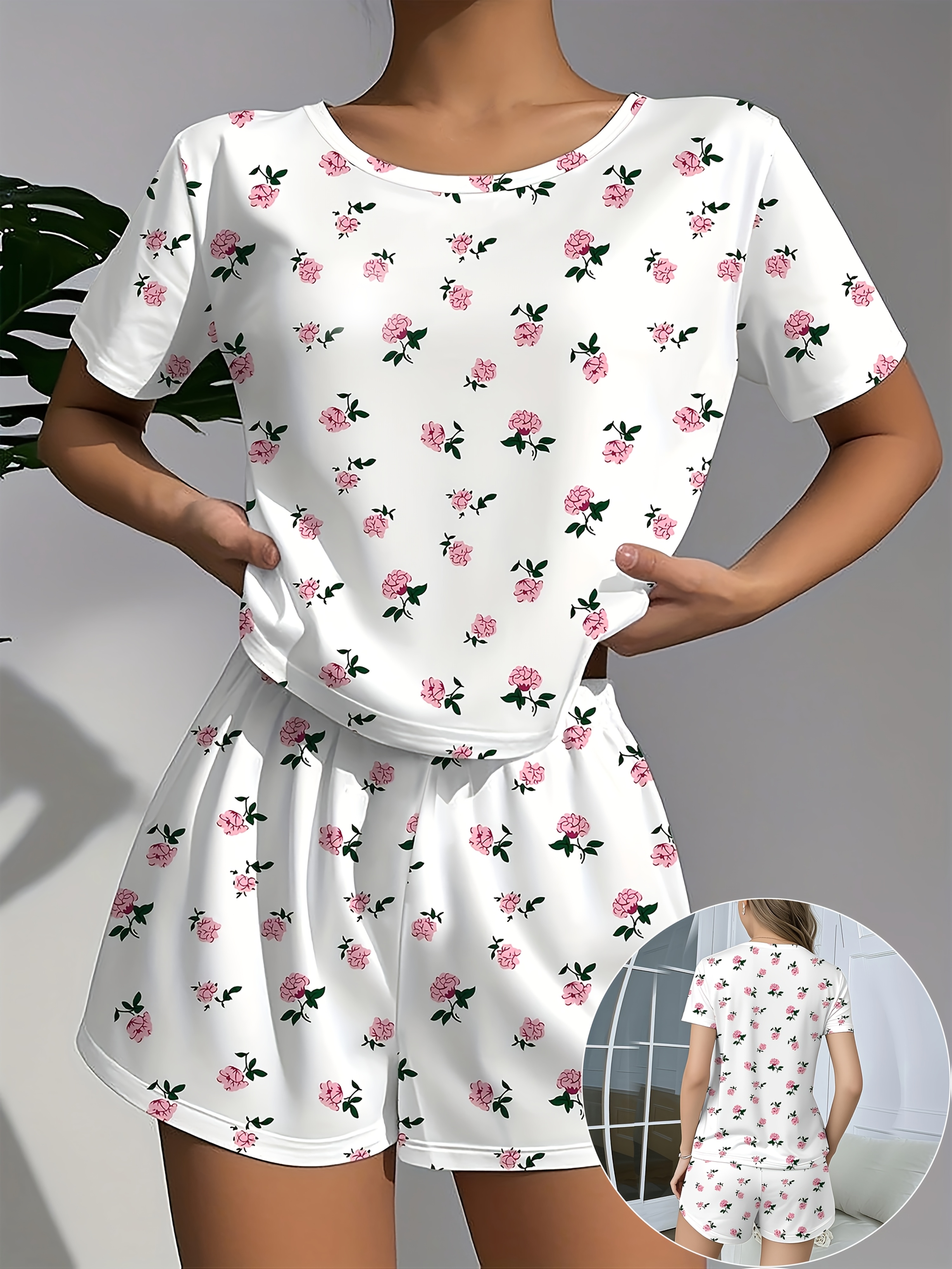 womens pajama set casual minimalist floral theme soft loose short sleeve top with elastic shorts machine washable and dry   perfect sleepwear  