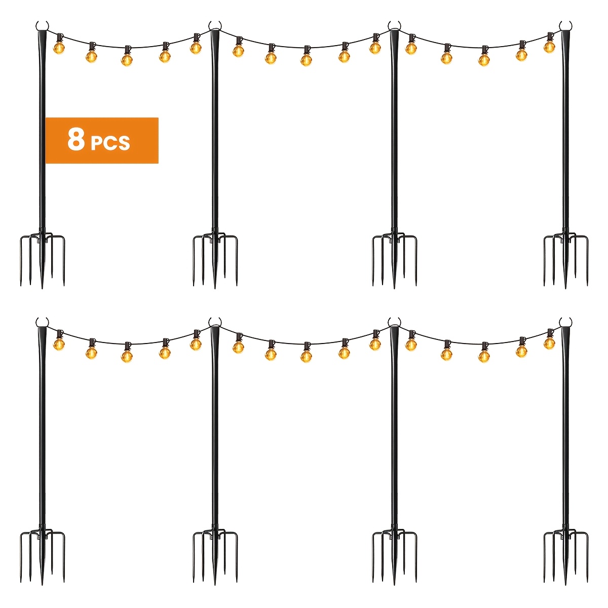 E-shop 8 Stück Schwerlast-Verstellbare Outdoor-Lichterkettenmasten mit Befestigungsclips & Gabelspitze – Stabile Metall-Lichterkettenhalter für
