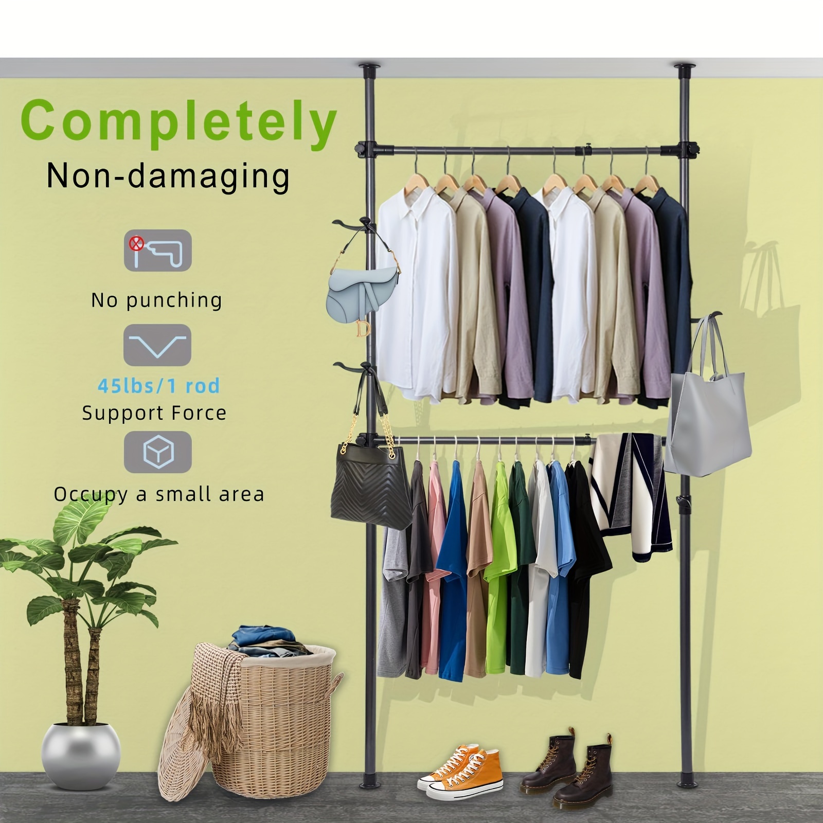 

Clothes Rack, Telescopic Clothing Rack For Hanging Clothes, 86 Inch- 119 Inch Adjustable Floor To Ceiling Heavy Duty Coat Rack Double Rod Clothing Garment Rack