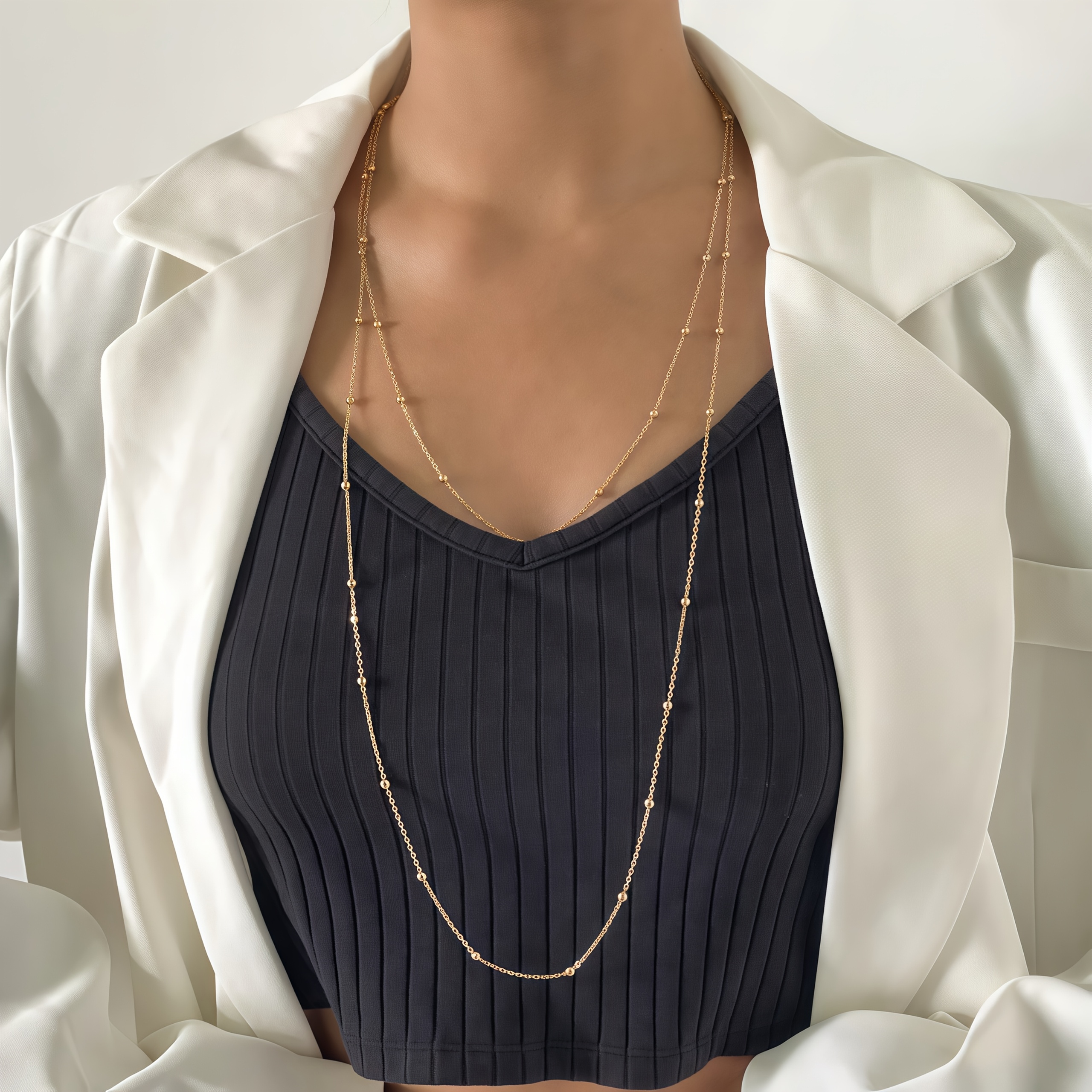 1pc Long Layered Necklace Double Chain With Minimalist Bead Detail Versatile Chic Accessory For Daily & Special Occasions Stylish For Fashion- Women & Professionals