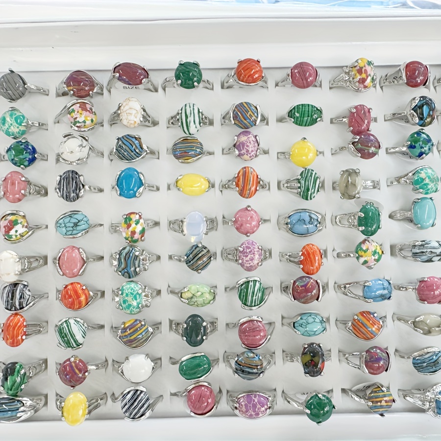 

50/100pcs Wholesale Colorful Natural Stone Rings Assorted Varieties Unique Party Fashion Jewelry Finger Ring Gifts Valentine's Day, Thanksgiving, Easter, Christmas Birthday Gift