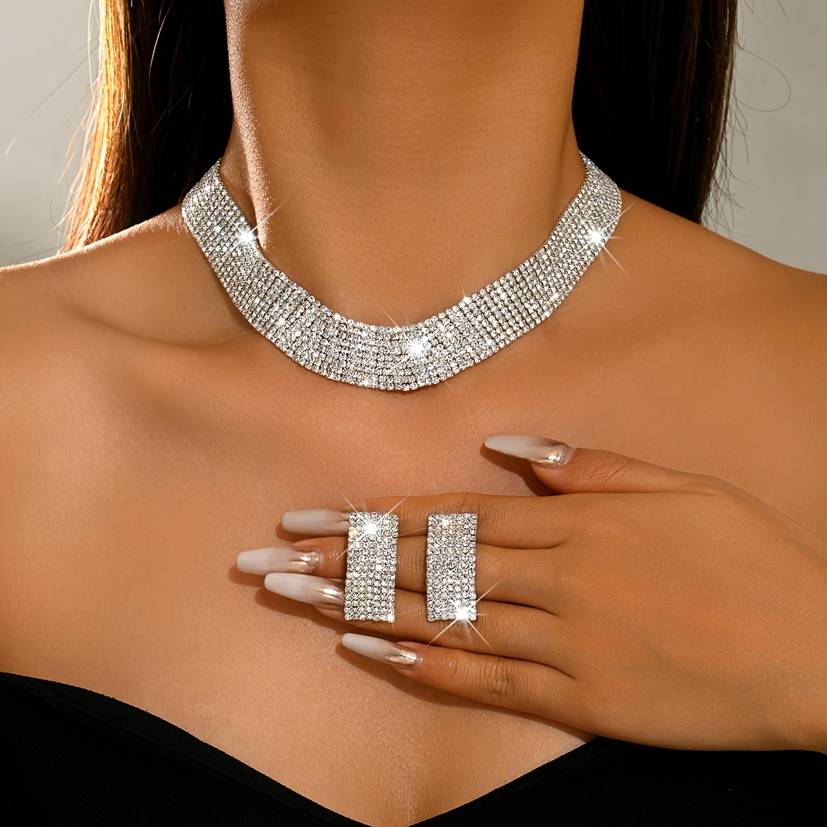 2pcs Set Geometric Rhinestone Choker Necklace & Square Earrings