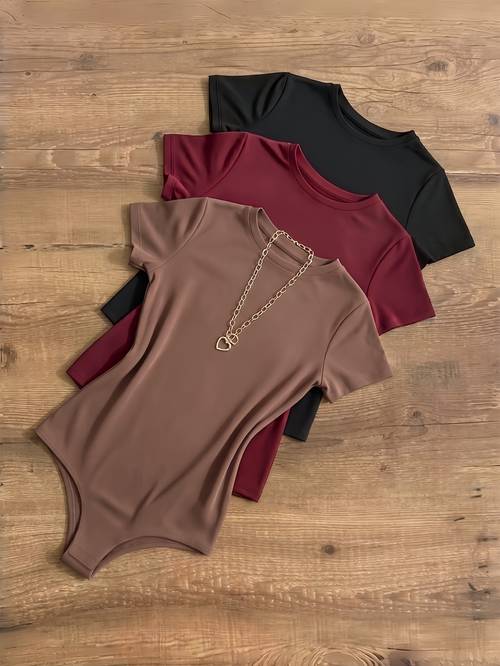 womens spring summer 3pcs european and fashionable easy versatile solid color short sleeve round neck bodysuit set
