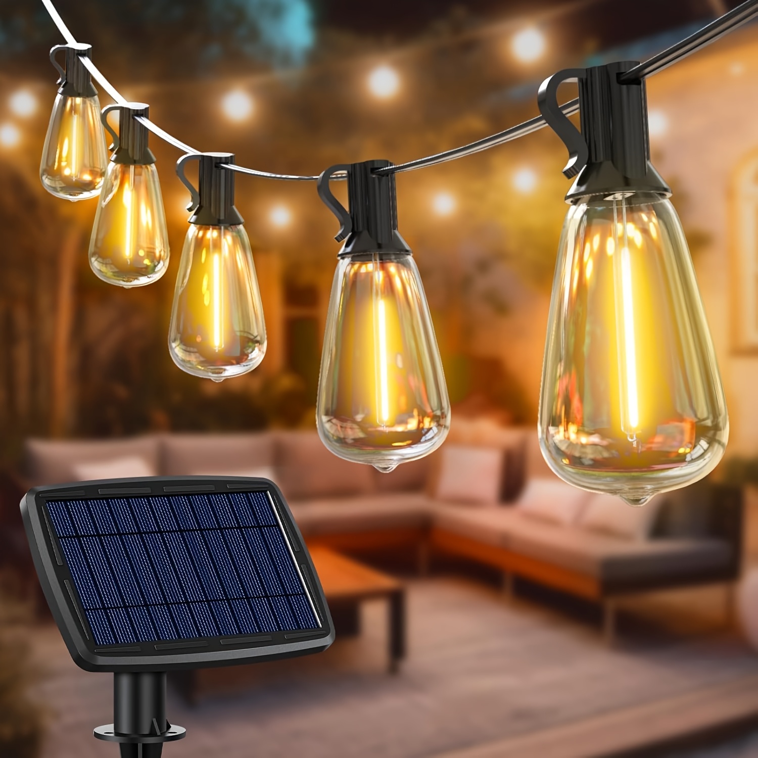 TEMU 120ft Solar String Lights Outdoor - 50+3led St38 Patio Lights Solar Powered Shatterproof, 5 Light Modes Solar Lights For Balcony, Backyard,