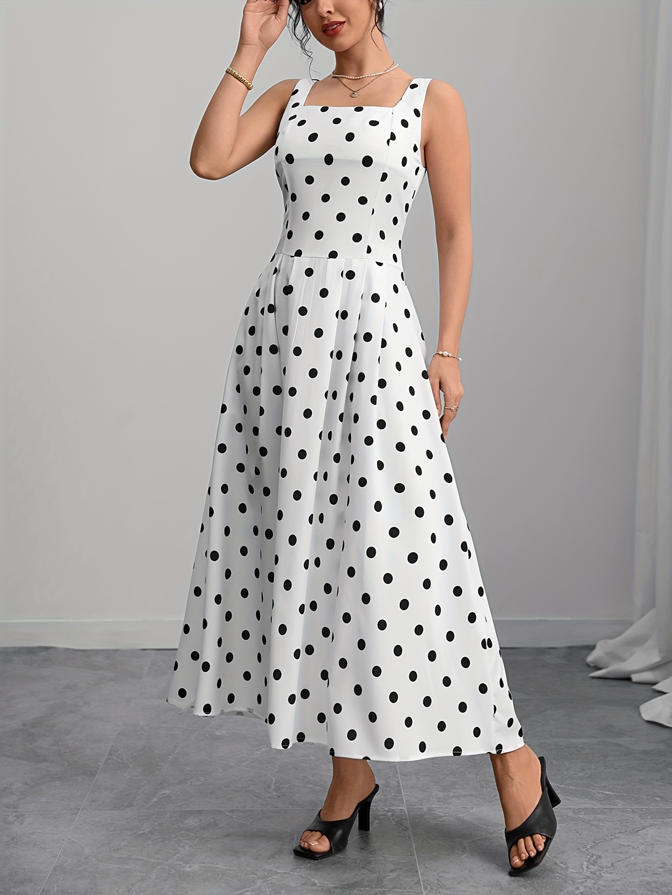 knee length dresses for ladies Stretch Cotton Sleeveless Polka Dot Midi Dress main image 0