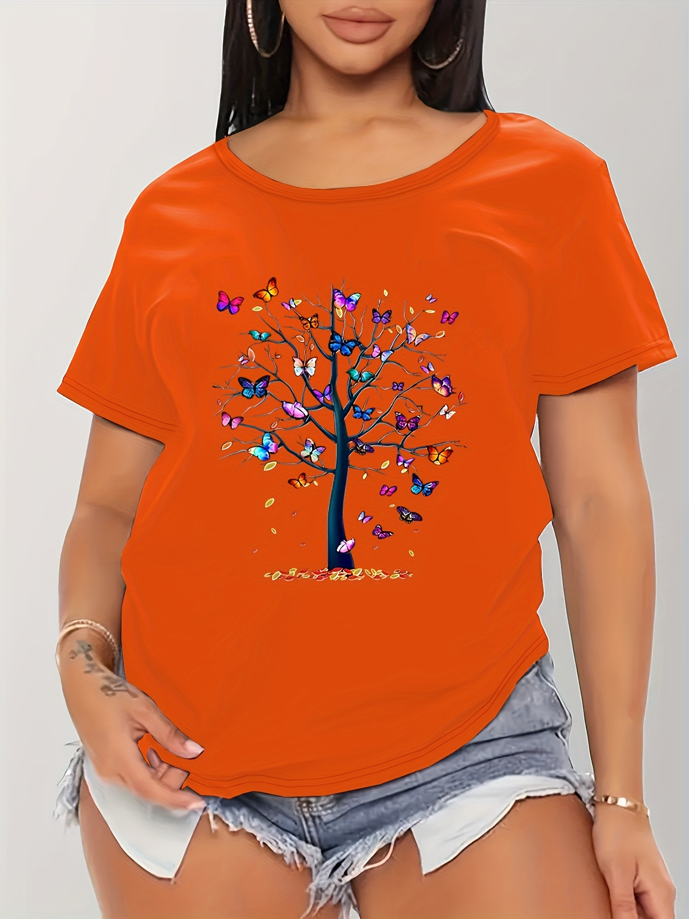 Butterfly Tree Print Crew Neck T-Shirt, Casual Short Sleeve T-Shirt For Spring & Summer, Women's Clothing