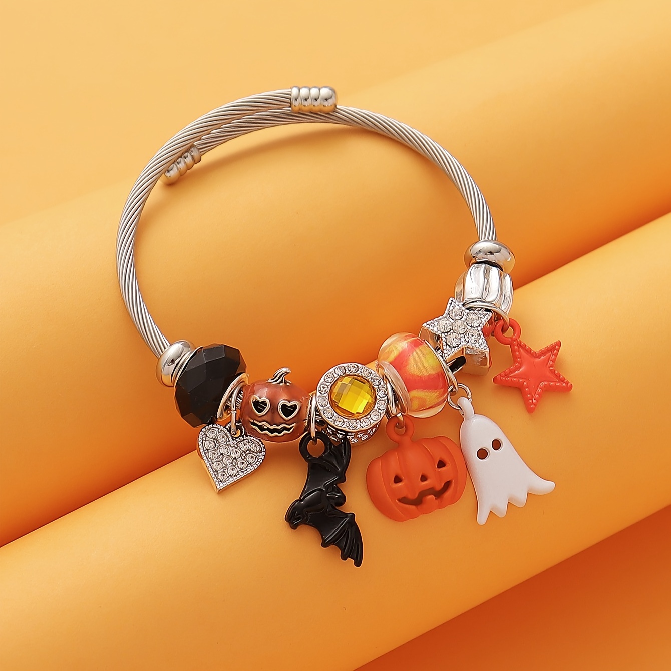 

Halloween Charm Bangle For Women – Cute & Elegant Diy Beaded Bracelet With Rhinestones, Stainless Steel Open Cuff With Pumpkin, Ghost, Bat, Star Charms – Versatile For Daily Wear & Vacation Gift