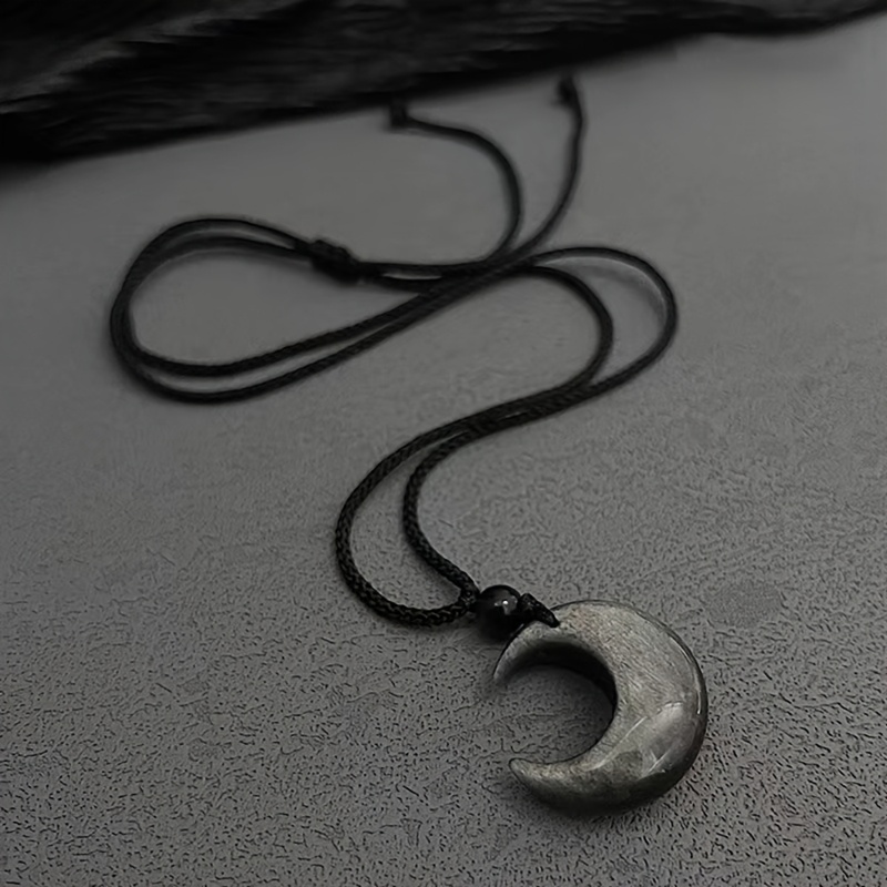 TEMU 1pc Natural Silvery Obsidian Moon Pendant Necklace, Hand-woven Unisex Bohemian Beach Style Casual And Festive Wear, Holiday/birthday Gift